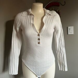 White Ribbed Long Sleeve Bodysuit